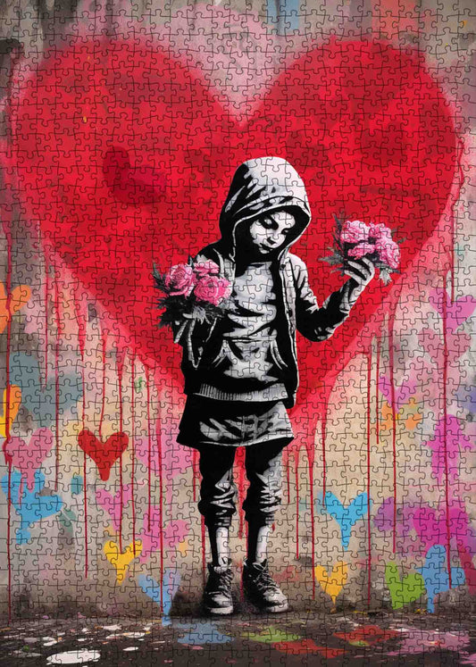 Girl Holding Roses with Heart Background Jigsaw Puzzle