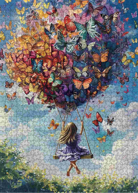 Girl Swinging with Butterfly Balloons Jigsaw Puzzle