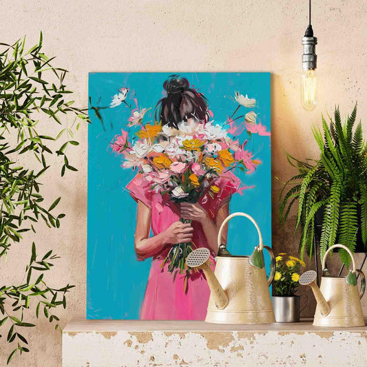 Girl in Pink Holding Flowers Paint by Numbers