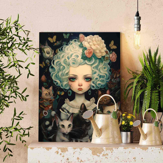 Girl with Curly Hair and Cats Paint by Numbers