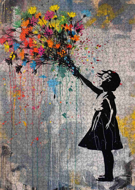 Girl with Colorful Flower Bouquet Jigsaw Puzzle