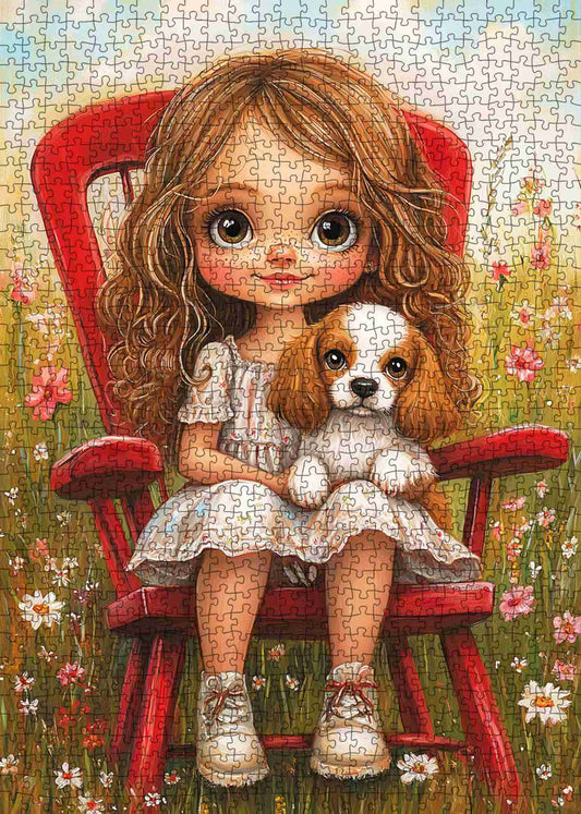 Girl with Puppy on Red Chair Jigsaw Puzzle