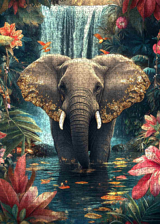 Golden-Eared Elephant Waterfall Jigsaw Puzzle