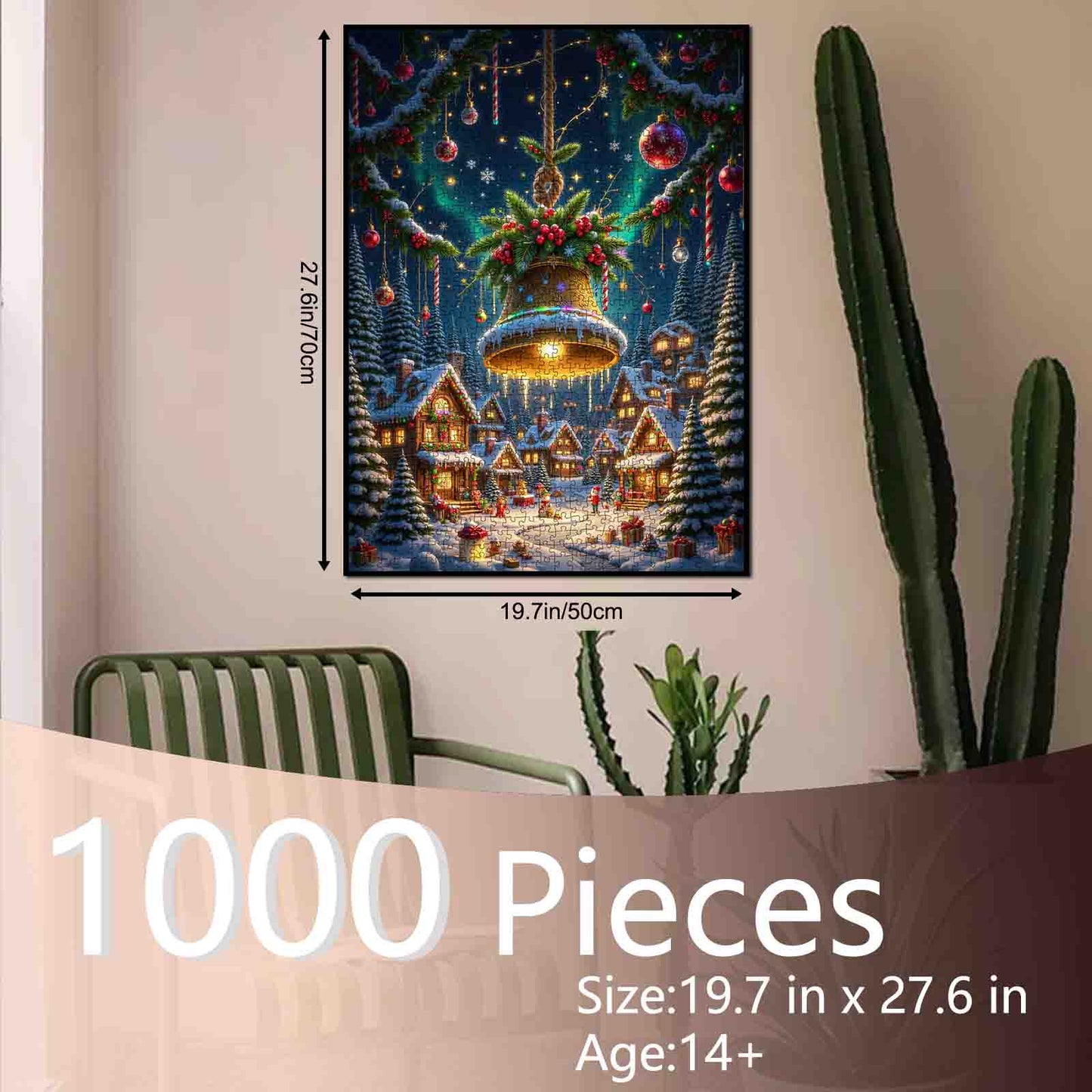 Golden Christmas Bell over Snowy Village Jigsaw Puzzle