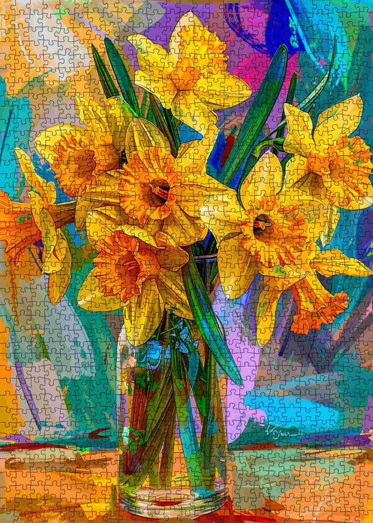 Golden Daffodils in Glass Vase Jigsaw Puzzle
