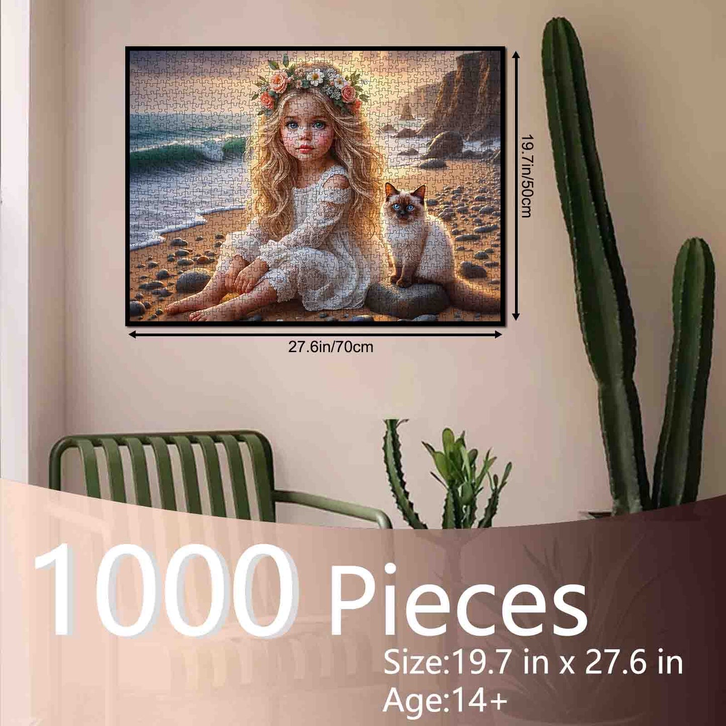 Golden Shore Girl with Blue-Eyed Cat Jigsaw Puzzle