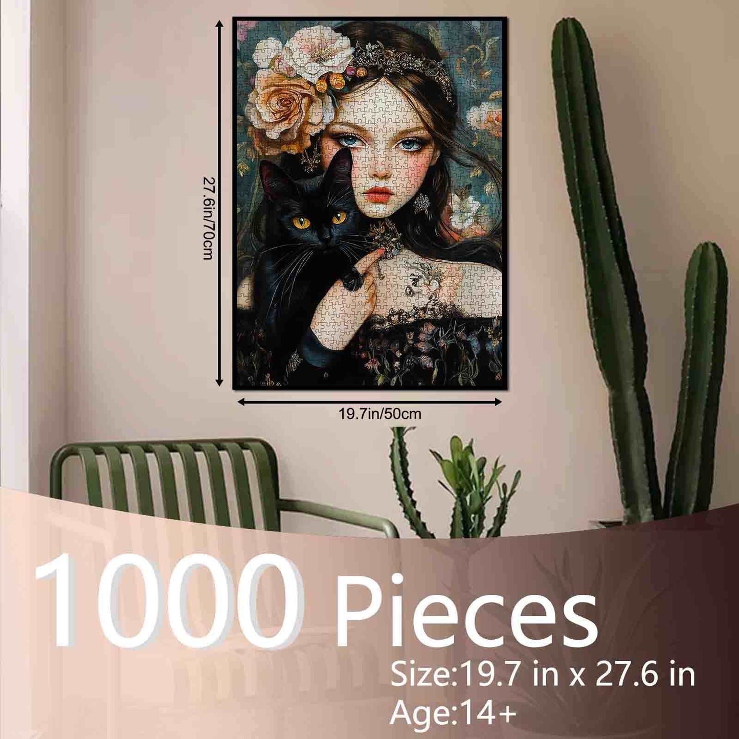 Gothic Beauty with Black Cat Jigsaw Puzzle