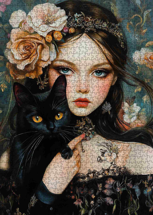 Gothic Beauty with Black Cat Jigsaw Puzzle
