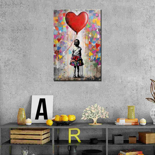 Girl with Red Heart Balloon Graffiti Canvas Wall Art