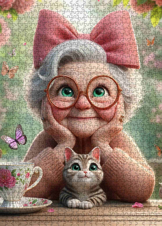 Grandma With Pink Bow and Kitten Jigsaw Puzzle