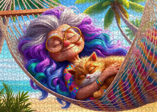 Grandma and Cat Hammock Jigsaw Puzzle