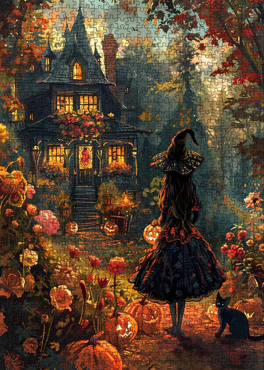 Halloween Witch and Black cat Jigsaw Puzzle