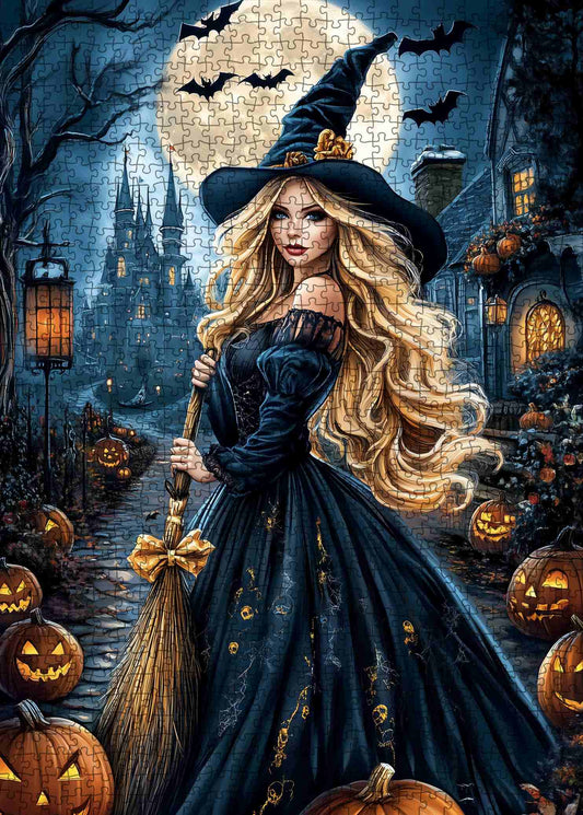 Halloween Witch under Moonlight Jigsaw Puzzle