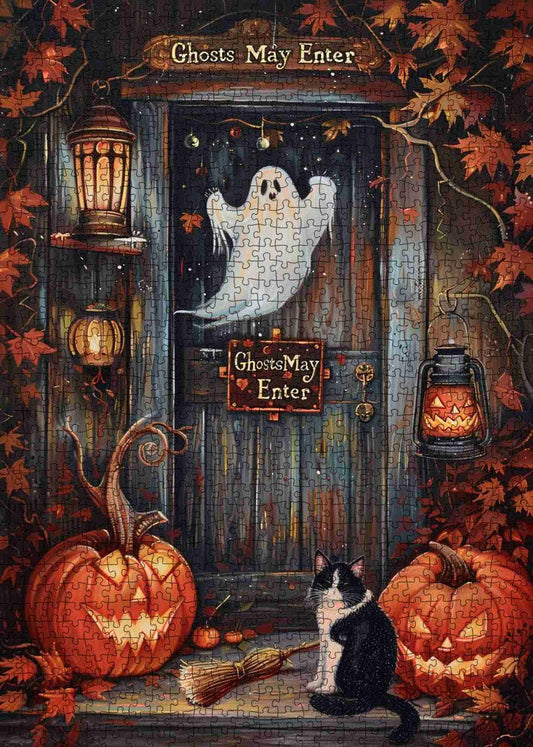 Haunted Porch Ghost Cat Jigsaw Puzzle