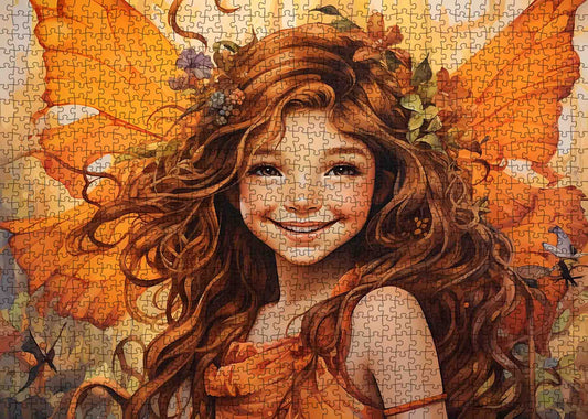 Joyful Fairy with Orange Wings and Floral Crown Jigsaw Puzzle