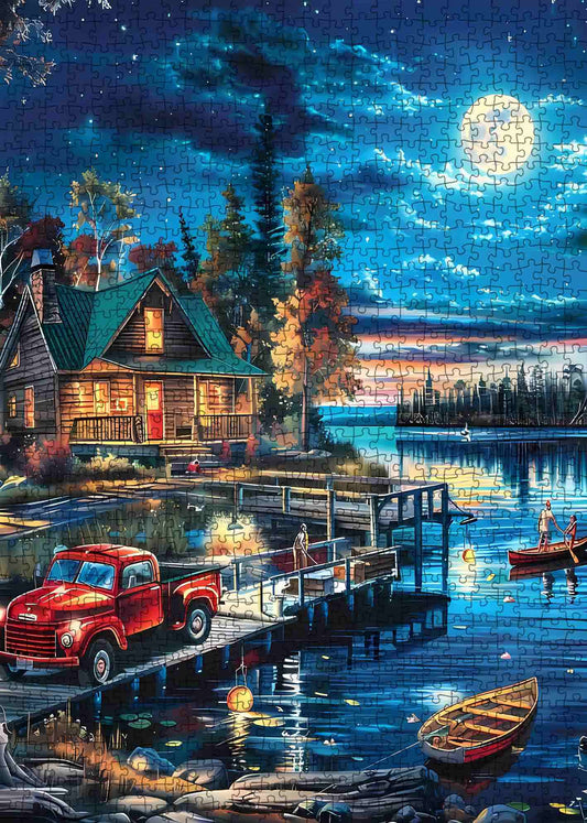 Lake Night Scenery Cabin Jigsaw Puzzle