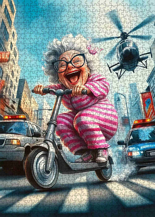Laughing Grandma’s Scooter Getaway Jigsaw Puzzle