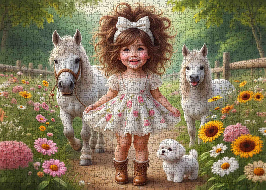 Little Girl Garden Walk with Ponies Jigsaw Puzzle