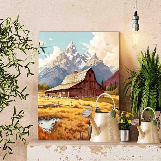 Mountain Barn in Autumn Field paint by numbers