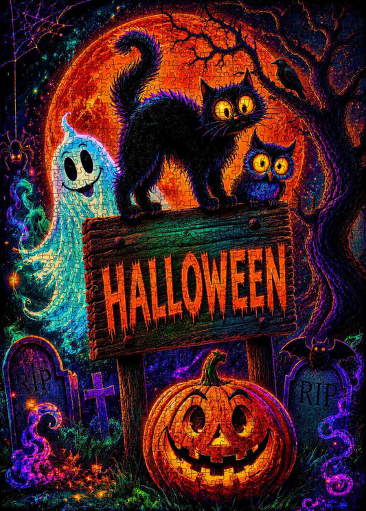 Neon Black Cat Halloween Night Jigsaw Puzzle