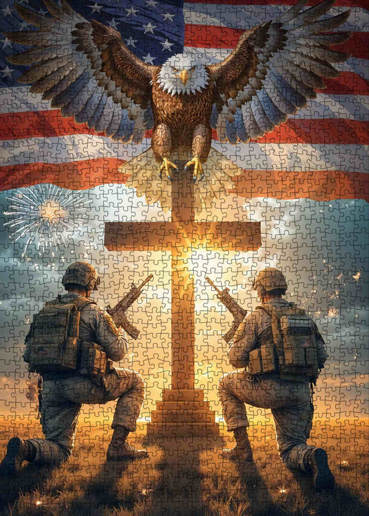 Patriotic Soldiers Prayer Eagle Cross American Flag Jigsaw Puzzle