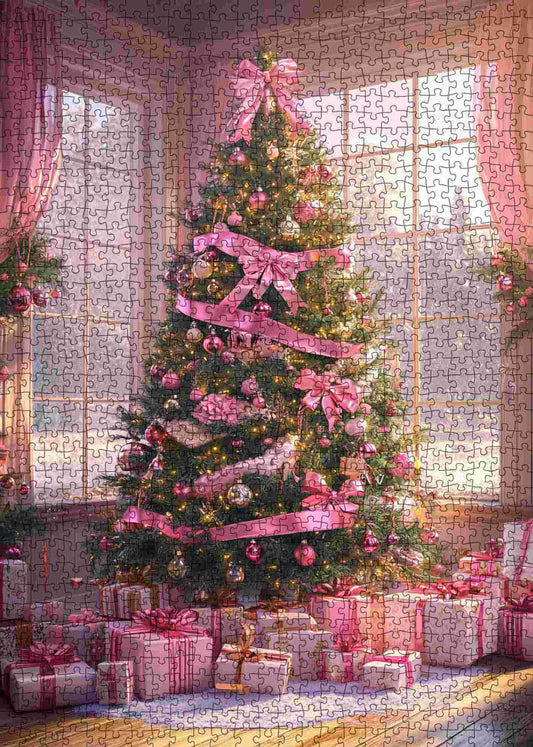 Pink Ribbon Christmas Tree Jigsaw Puzzle