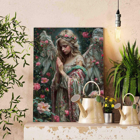 Praying Angel in Floral Garden Paint by Numbers