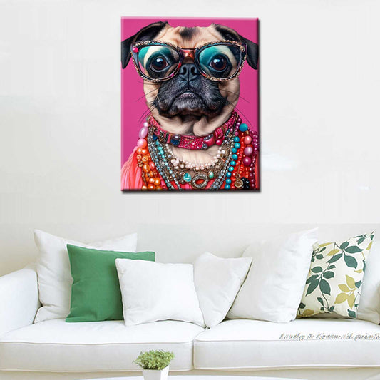 Glamorous Pug in Jewelry and Glasses Canvas Wall Art