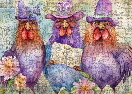 Purple Chickens Wearing Hats Jigsaw Puzzle