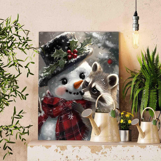 Raccoon Hug Snowman Paint by Numbers