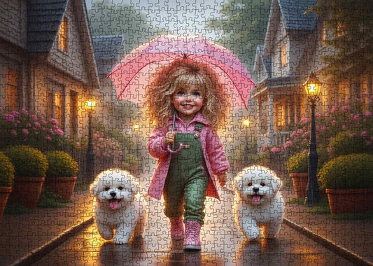 Rainy Evening Walk With Pink Umbrella Jigsaw Puzzle