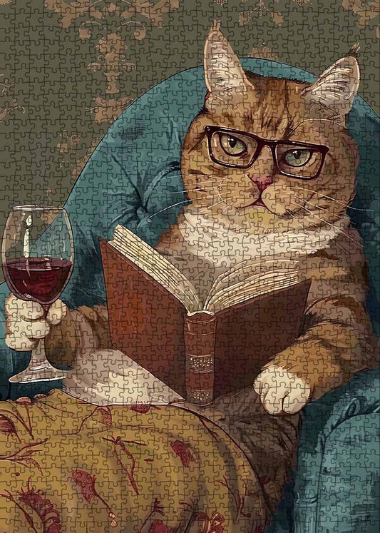Cat Reading with Wine Jigsaw Puzzle