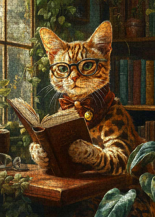 Smart Cat Reading in Library Jigsaw Puzzle
