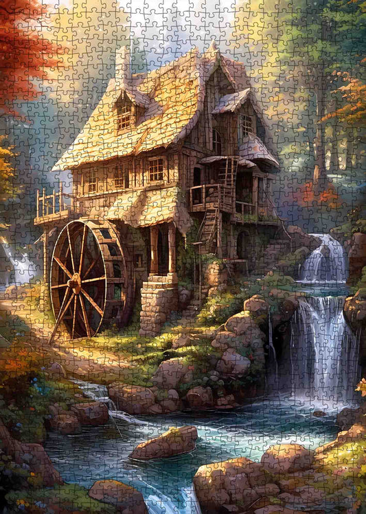 Rustic Cabin Forest Waterwheel Jigsaw Puzzle