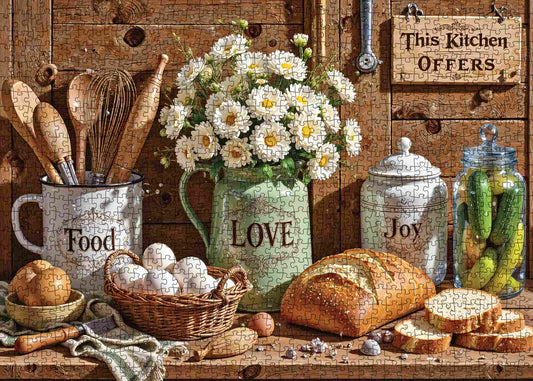 Rustic Kitchen Flowers Bread Still Life Jigsaw Puzzle