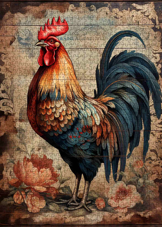 Rustic Rooster Vintage Animal Painting Jigsaw Puzzle