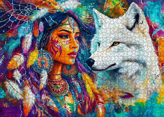 Wild Spirit Indian Woman with Wolf Jigsaw Puzzle