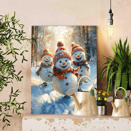 Skating Snowman Trio in Winter Forest Paint by Numbers