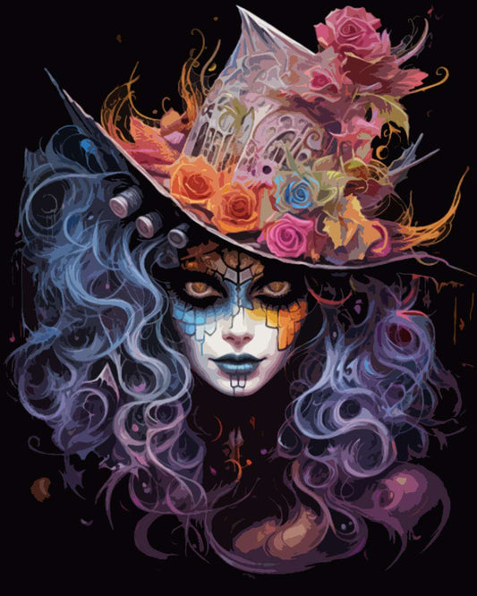 Mystic Woman with Floral Skull Hat Paint by Numbers