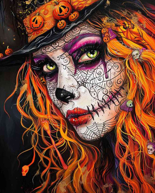 Fiery Haired Enchantress with Skull Face Paint by Numbers