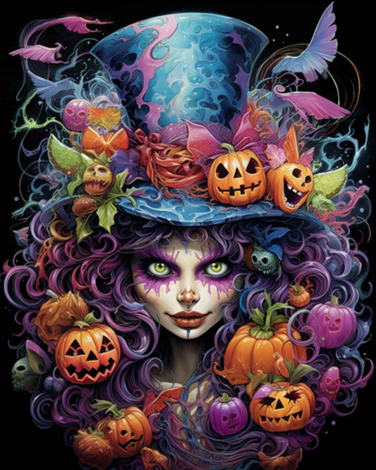 Halloween Witch with Pumpkin Hat Paint by Numbers