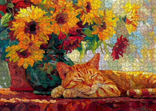 Sleeping Cat with Sunflowers Jigsaw Puzzle