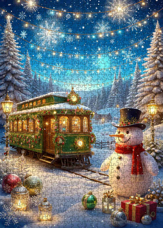 Snowy Holiday Tram and Snowman Scene Jigsaw Puzzle