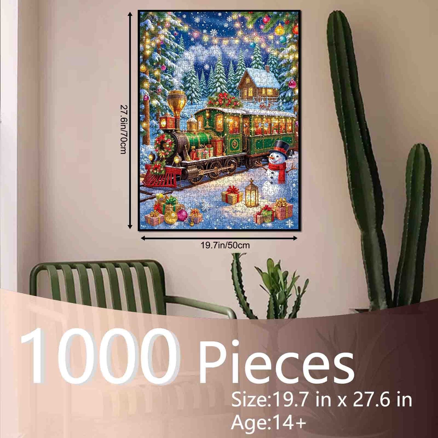 Snowy Holiday Tram and Snowman Scene Jigsaw Puzzle