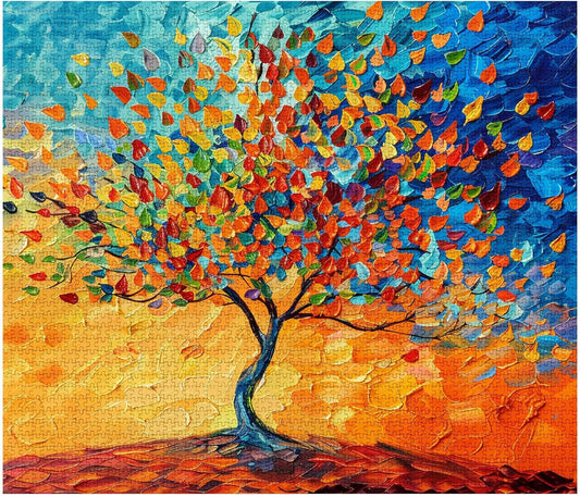 Tree with Multicolored Leaves Stained Glass Jigsaw Puzzles