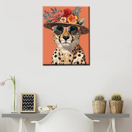Leopard Wearing Shades and Flowers Straw Painting by Numbers