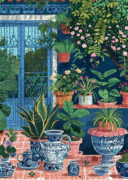 Sunlit Garden Terrace with Blue Pottery Jigsaw Puzzle