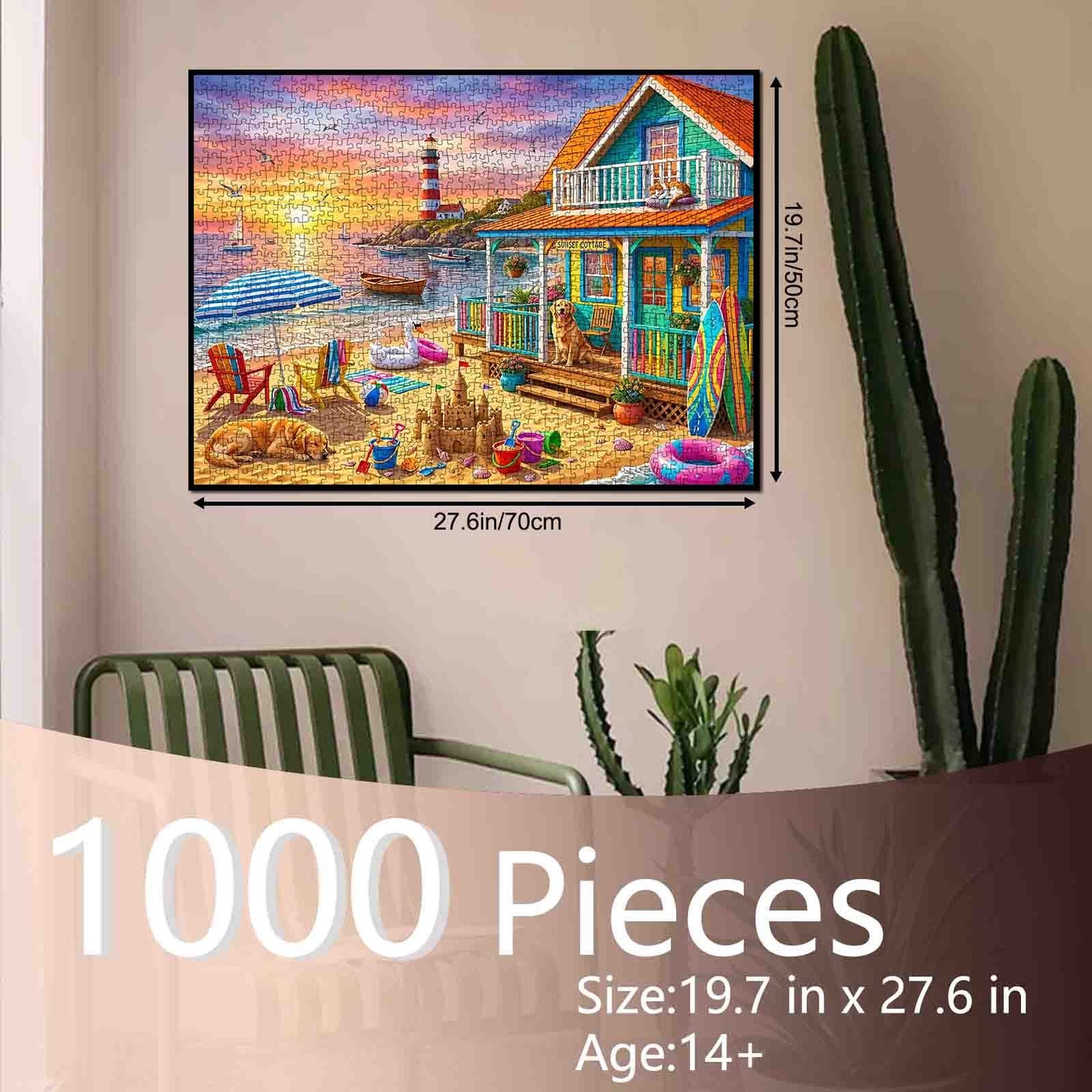 Sunset Lighthouse Beach Cottage Jigsaw Puzzle
