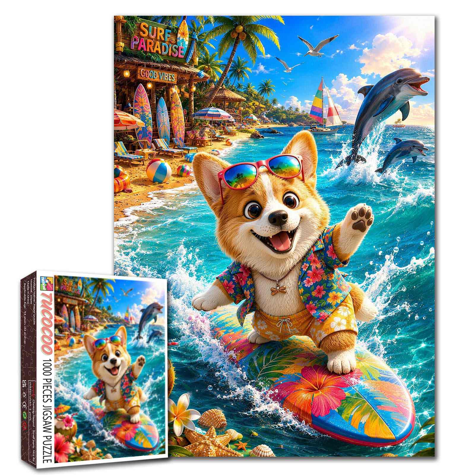 Surfing Corgi Tropical Beach Adventure Jigsaw Puzzle – Tucocoo