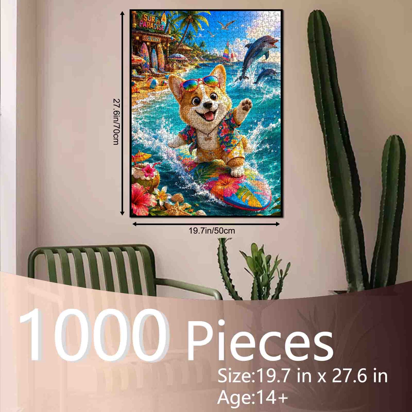 Surfing Corgi Tropical Beach Adventure Jigsaw Puzzle
